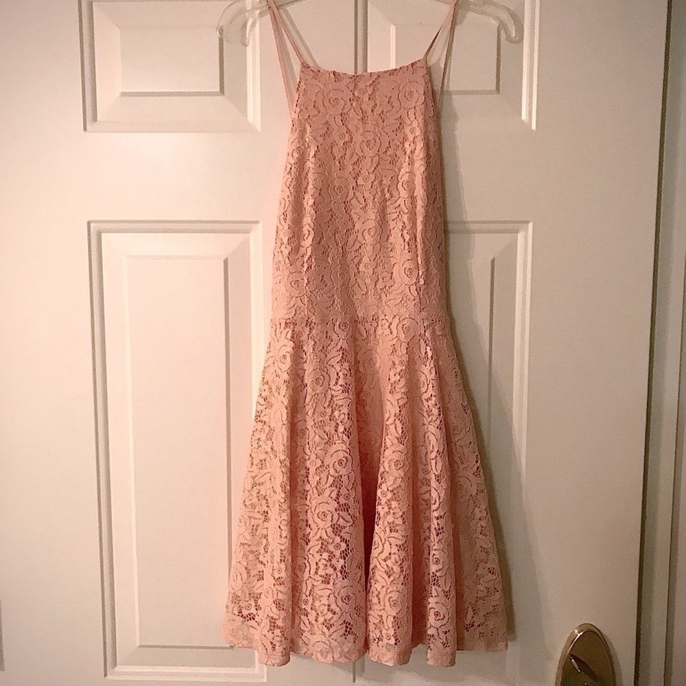 Peach Pink Lace Dress with Cut Out Back- Size S